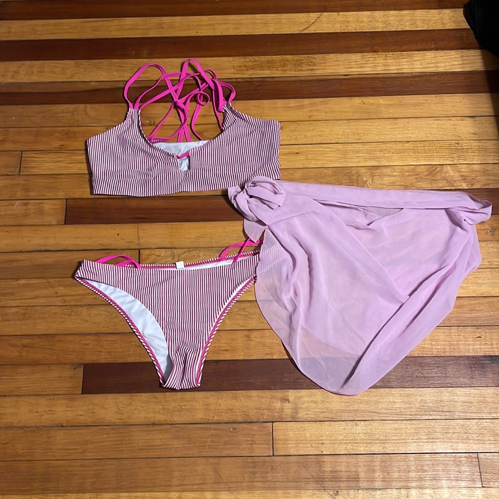 Pink Striped Bikini with cover up